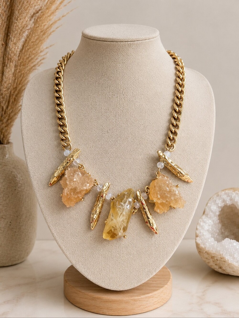 Raw Citrine Quartz Gold Spike Statement Bib Necklace Boho Glam